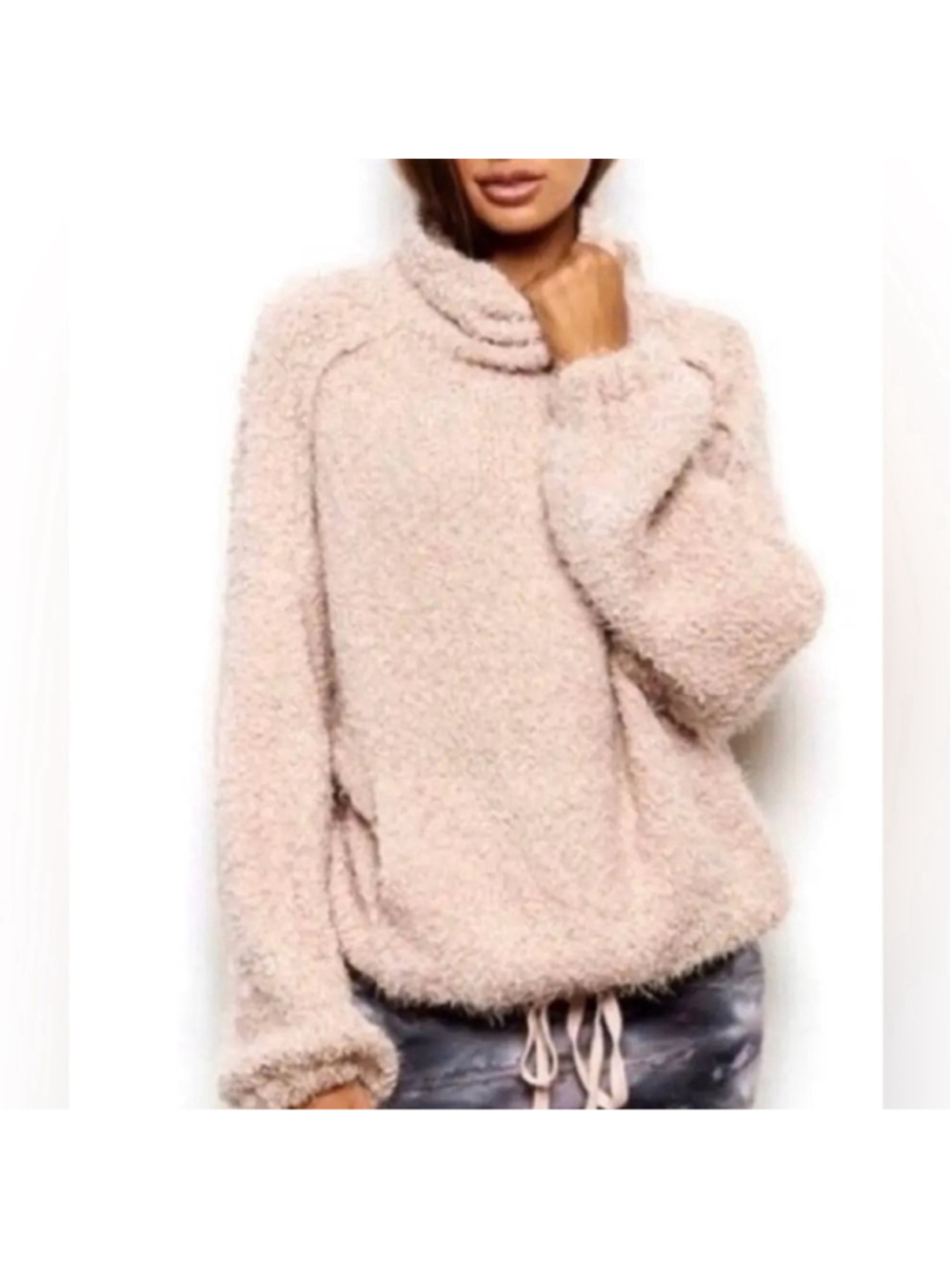 Young Fabulous and Broke Fuzzy pink sweater kangaroo pouch tie waist sz m/l